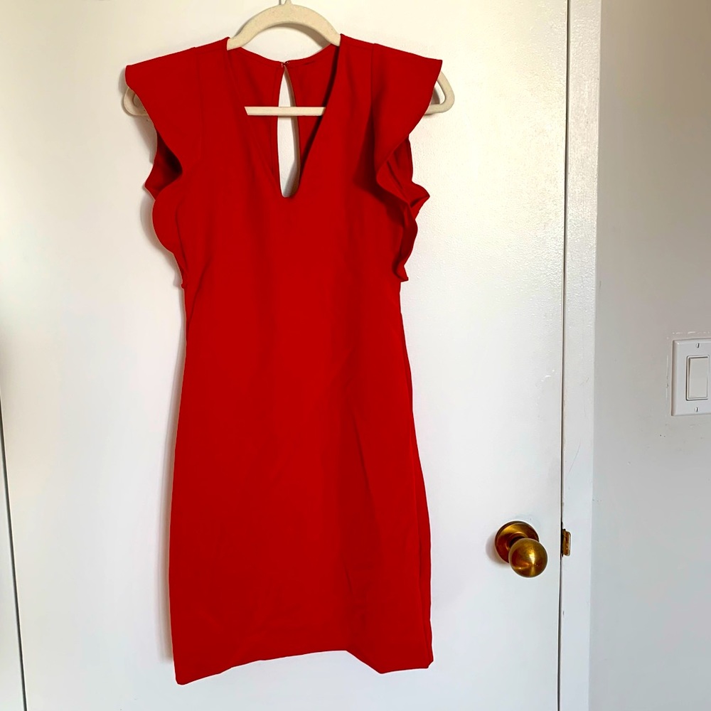 Bright Red Flutter Sleeve Yoana Baraschi Scuba Dress